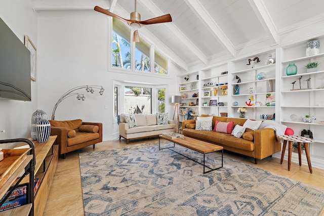 living area featuring beamed ceiling, built in shelves, high vaulted ceiling, and ceiling fan