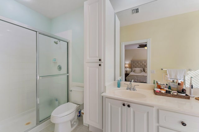 ensuite bathroom featuring tile patterned floors, toilet, a stall shower, and ensuite bathroom