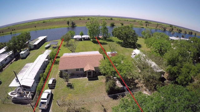 drone / aerial view featuring a water view