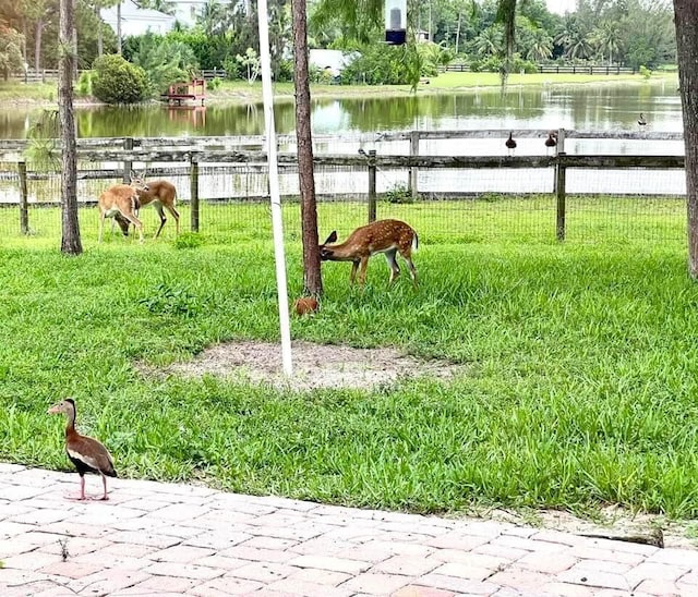 view of home's community featuring a water view and fence