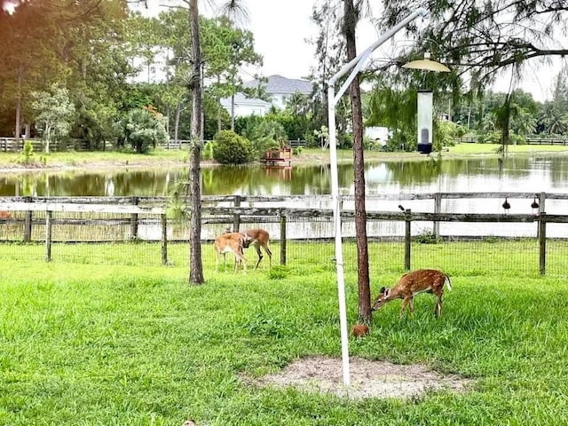 view of home's community with a water view, a lawn, and fence