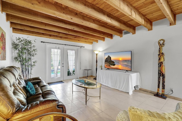 living area featuring light tile patterned floors, visible vents, french doors, and wooden ceiling