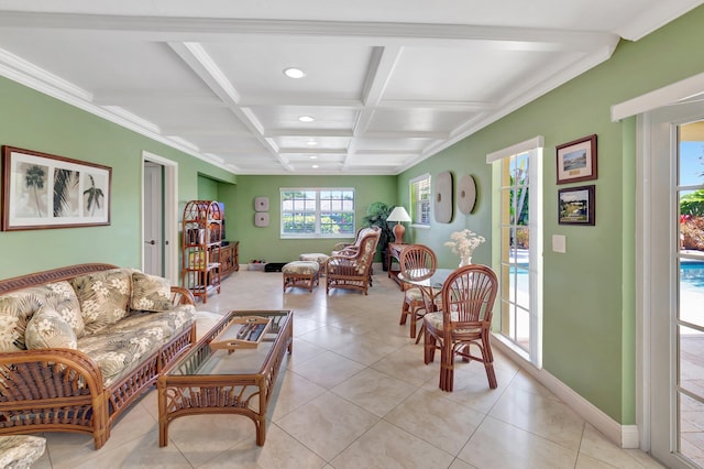 living room with light tile patterned floors, baseboards, coffered ceiling, and beam ceiling