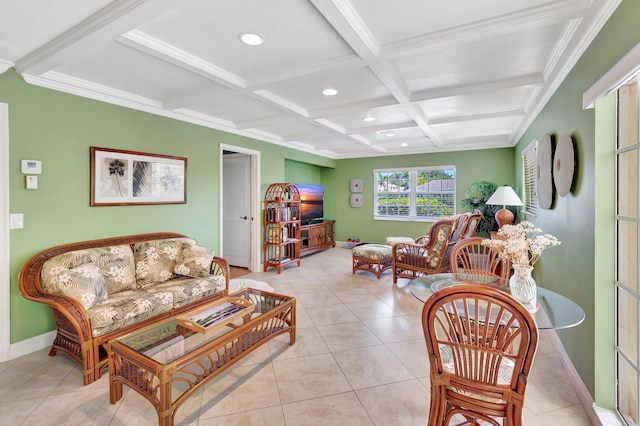 living area featuring beam ceiling, light tile patterned floors, coffered ceiling, and baseboards