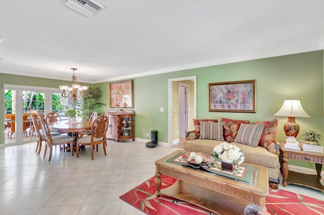 living room with visible vents, baseboards, ornamental molding, light tile patterned floors, and an inviting chandelier