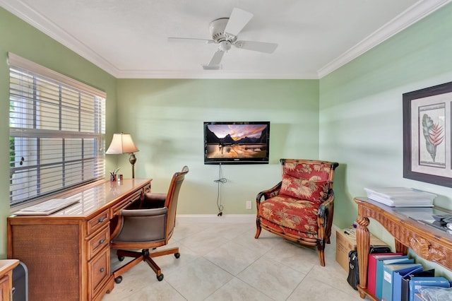 office area with light tile patterned floors, a ceiling fan, visible vents, baseboards, and ornamental molding