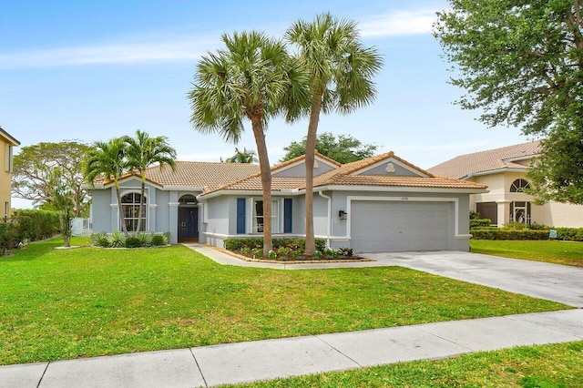 6346 Sand Hills Cir, Lake Worth, FL 33463 - view of front of property with concrete driveway, stucco siding, an attached garage, a tiled roof, and a front yard