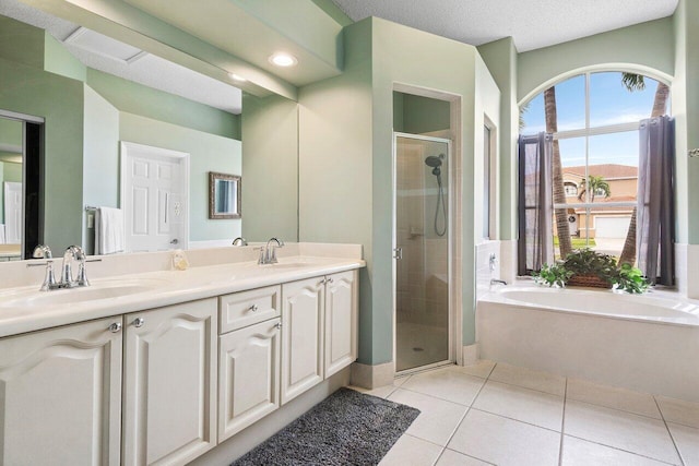 6346 Sand Hills Cir, Lake Worth, FL 33463 - full bathroom with a shower stall, a bath, tile patterned flooring, and a sink