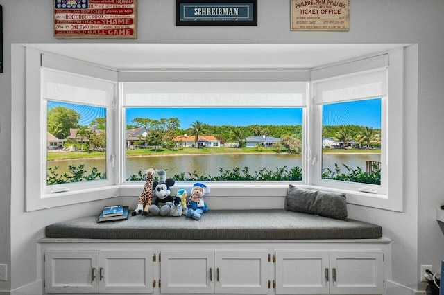 interior space featuring a water view