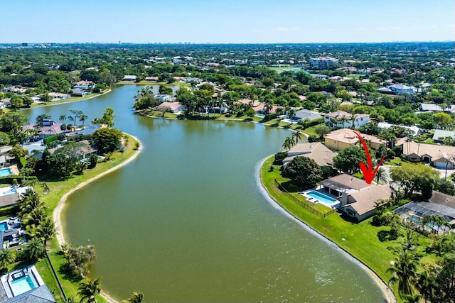 drone / aerial view featuring a water view