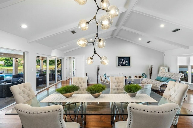 dining space featuring visible vents, wood finished floors, and lofted ceiling with beams