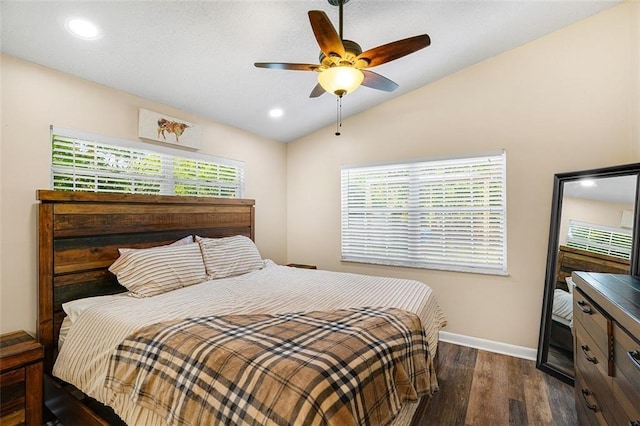 bedroom with baseboards, vaulted ceiling, recessed lighting, dark wood-style floors, and a ceiling fan