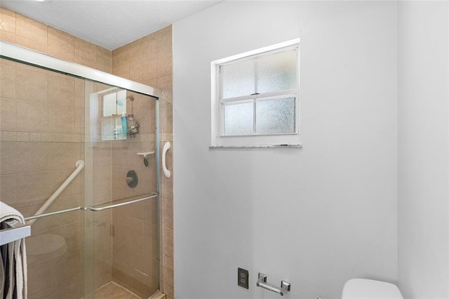 full bathroom featuring toilet and a shower stall