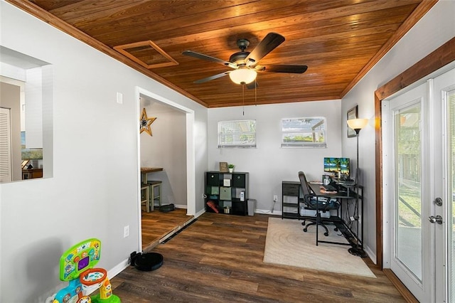 office with visible vents, wooden ceiling, ceiling fan, and ornamental molding