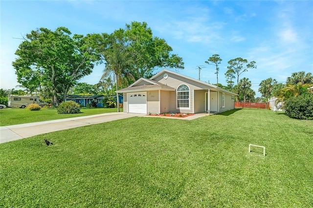 ranch-style home featuring driveway, a front lawn, an attached garage, and fence