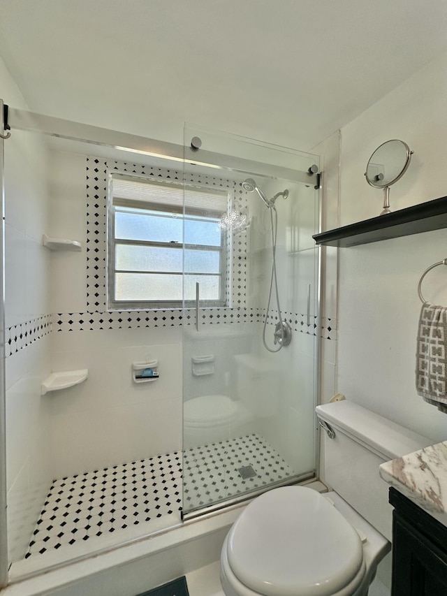 bathroom with a shower stall, toilet, and vanity