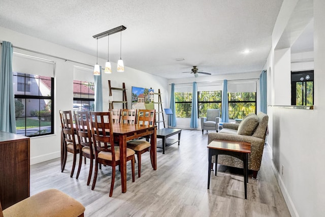 dining area featuring baseboards, a ceiling fan, light wood-style floors, and a textured ceiling