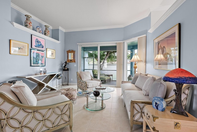 living room with light tile patterned flooring, ornamental molding, and baseboards