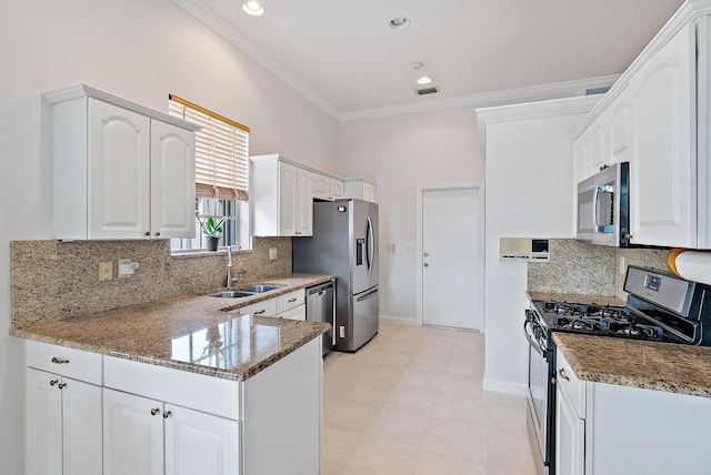 kitchen with ornamental molding, stainless steel appliances, a sink, stone counters, and a peninsula