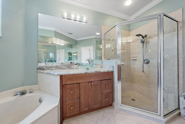 full bath with vanity, a stall shower, and crown molding