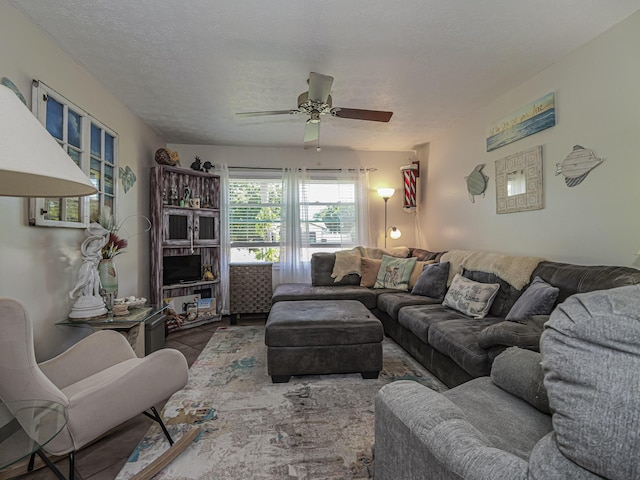 living room with a textured ceiling and ceiling fan