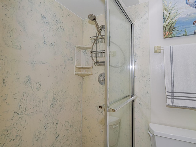 full bathroom featuring toilet and a shower stall