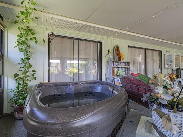 view of patio featuring a hot tub