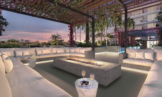 patio terrace at dusk featuring an outdoor living space with a fire pit and a pergola