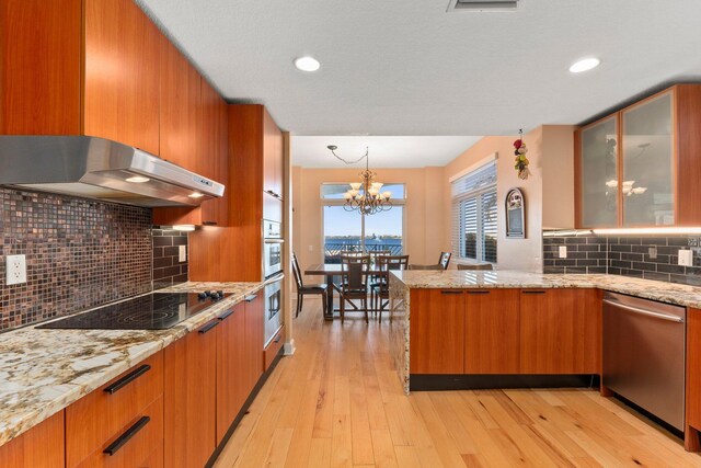 309 E Ocean Ave Unit 103, Lantana, FL 33462 - kitchen with black electric cooktop, a peninsula, dishwasher, brown cabinets, and under cabinet range hood