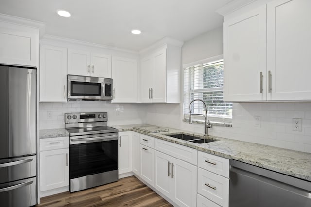 kitchen with dark wood-style floors, white cabinets, stainless steel appliances, and a sink