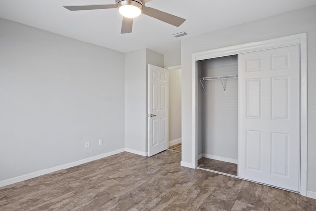 unfurnished bedroom with visible vents, baseboards, a closet, and a ceiling fan