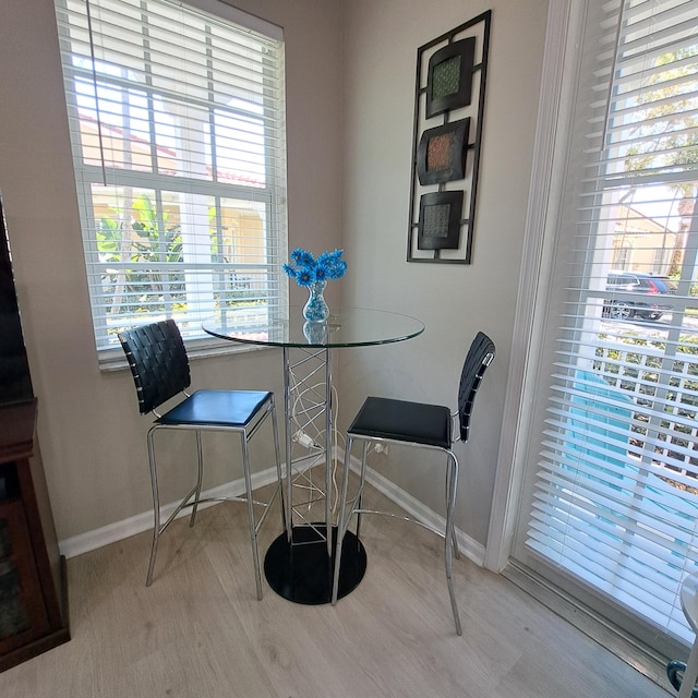 dining space featuring baseboards and wood finished floors