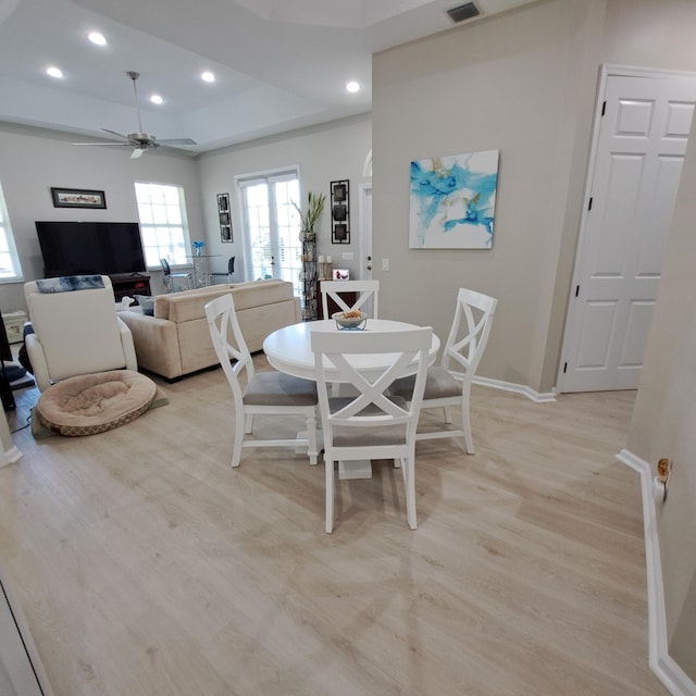 dining area with recessed lighting, french doors, ceiling fan, and light wood finished floors