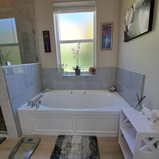 bathroom featuring plenty of natural light, a bath, and a stall shower