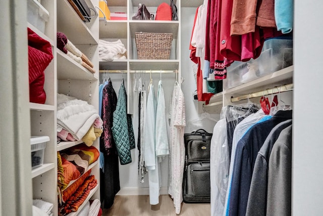 walk in closet with wood finished floors