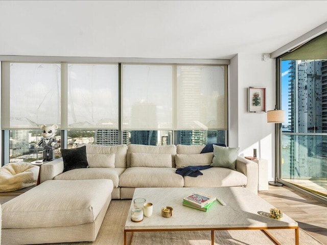 living room featuring a wall of windows and wood finished floors