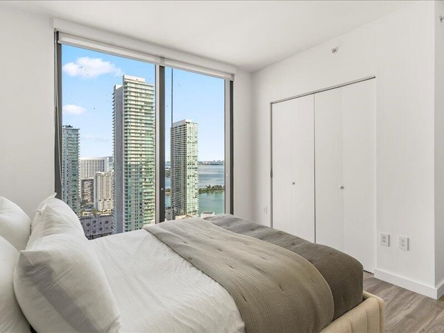 bedroom featuring a view of city, a water view, wood finished floors, a closet, and a wall of windows