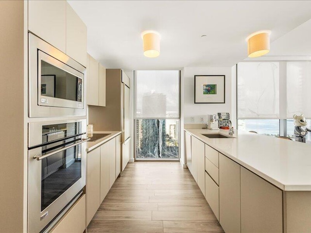 kitchen featuring light wood finished floors, appliances with stainless steel finishes, light countertops, and a sink