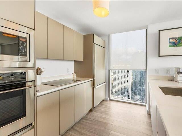 kitchen with light countertops, cream cabinetry, light wood finished floors, and appliances with stainless steel finishes