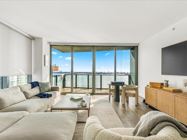 living room with a wall of windows and wood finished floors