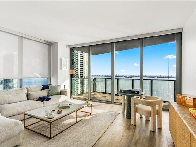 living room featuring a wall of windows and wood finished floors