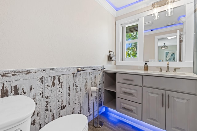 half bath featuring vanity, toilet, ornamental molding, and wainscoting