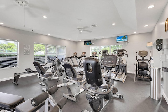 exercise room featuring recessed lighting, visible vents, baseboards, and a ceiling fan