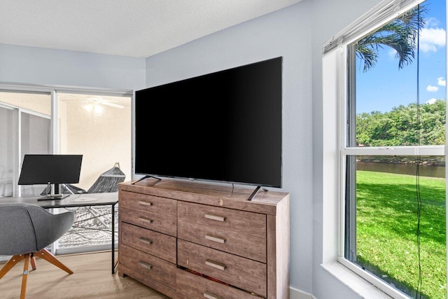 home office featuring a textured ceiling and wood finished floors