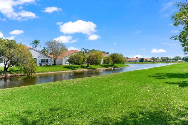 exterior space featuring a yard and a water view