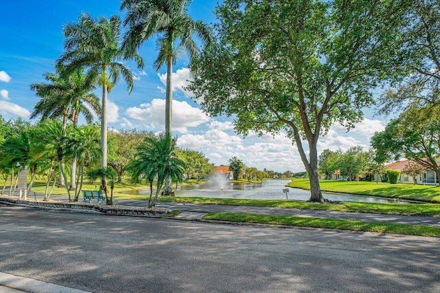 view of home's community featuring a lawn and a water view