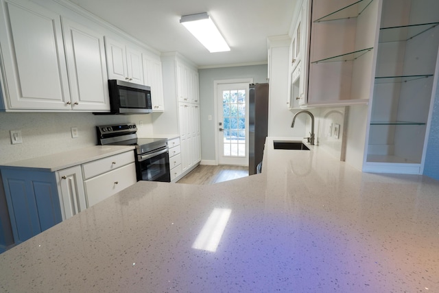 kitchen featuring crown molding, light stone counters, appliances with stainless steel finishes, white cabinetry, and a sink