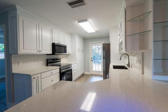 kitchen with light stone countertops, visible vents, a sink, stainless steel appliances, and white cabinetry
