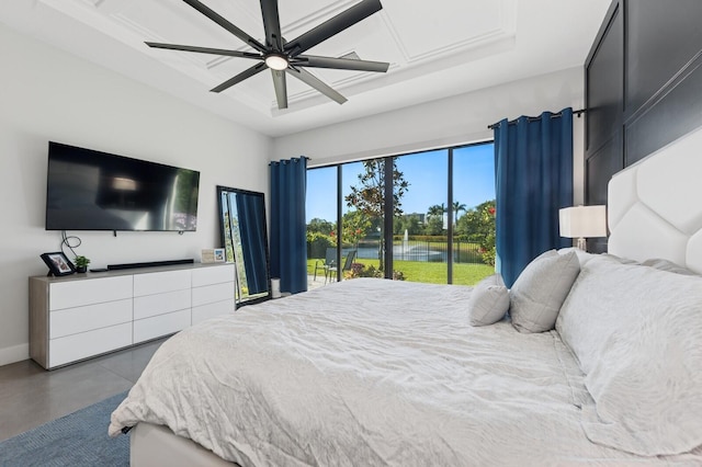 bedroom featuring ceiling fan, baseboards, and access to exterior