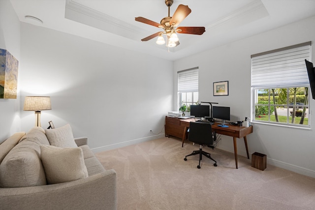 9637 Spray Dr, West Palm Beach, FL 33411 - office area with healthy amount of natural light, crown molding, a raised ceiling, light colored carpet, and ceiling fan
